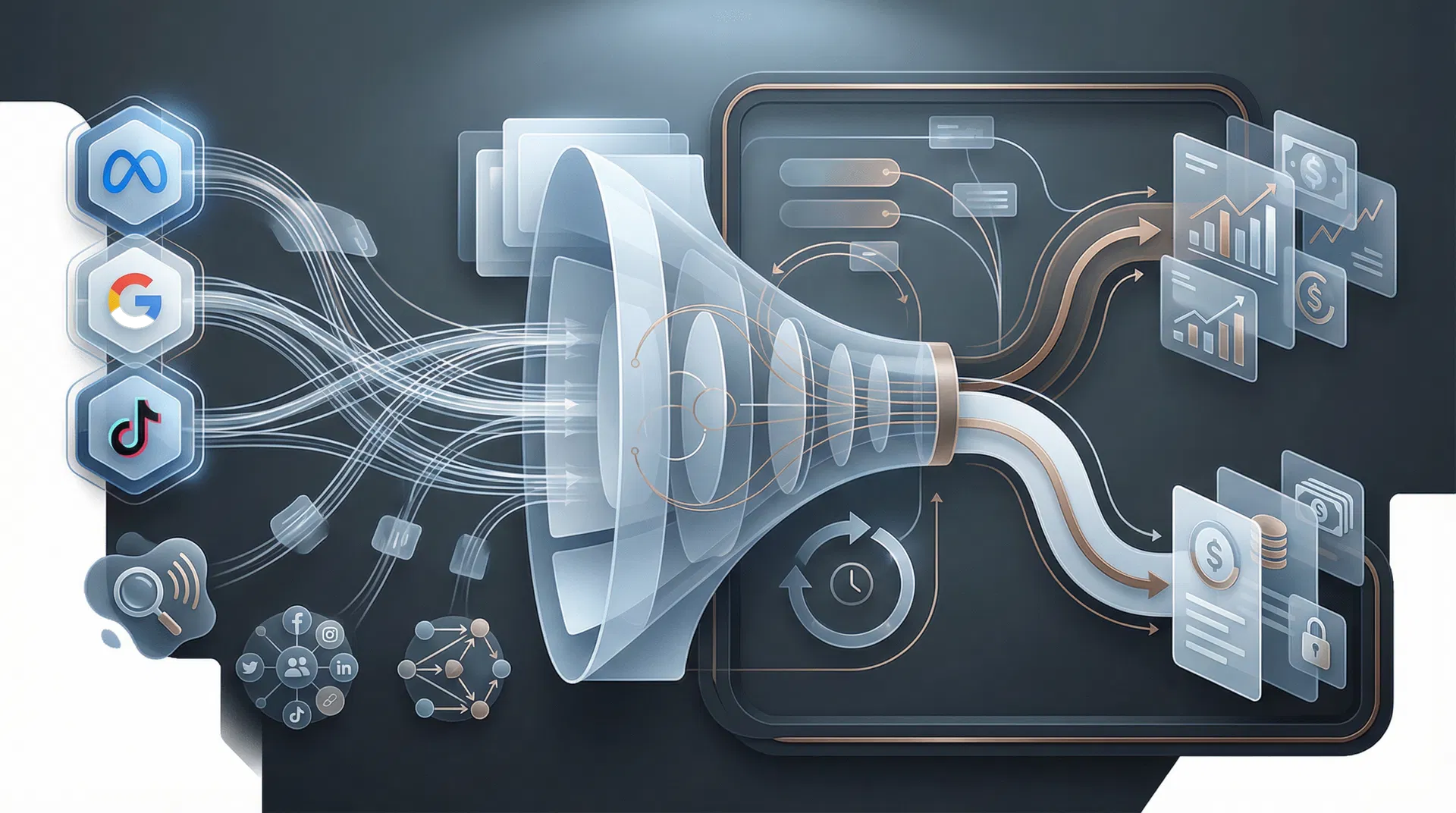 Abstract illustration of acquisition channels flowing into monetization engines